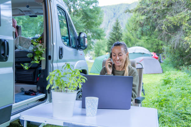 istock Woman Working Remotely and Taking a Call Outside Campervan 2167768918
