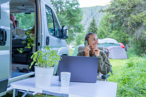 istock Woman Working Remotely and Taking a Call Outside Campervan 2167768925