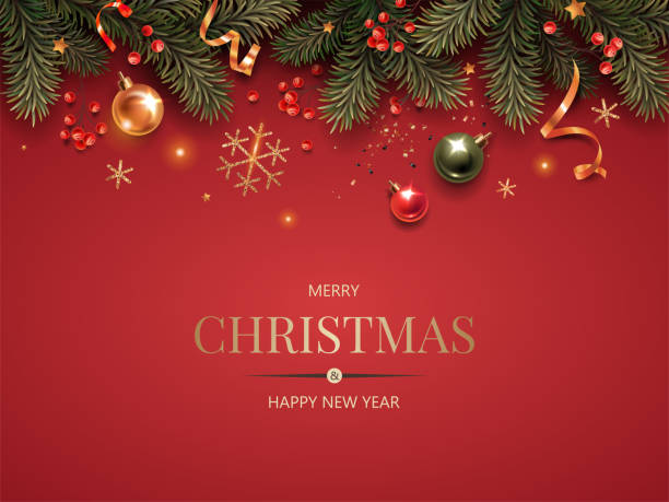 istock Horizontal banner with gold and green Christmas symbols and text. 2167769672