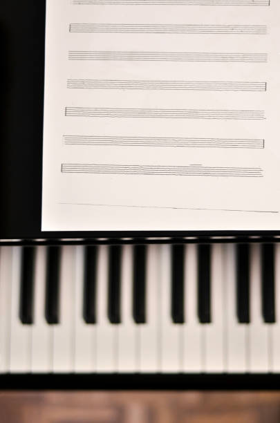 Music sheet with blurred piano keys in the background