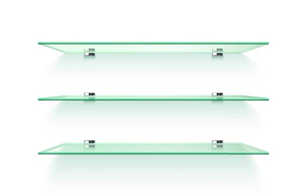 istock Realistic glass shelves with fasteners. Interior room with acrylic shelves 2167776228