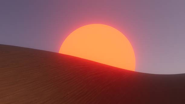 istock 3d illustration huge red setting sun in desert dunes 2167780674