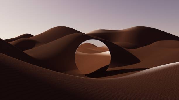 istock 3d illustration Round mirror in sand dunes at sunset 2167780680