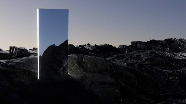 istock 3d illustration Mirror on volcanic landscape at night in desert 2167780718