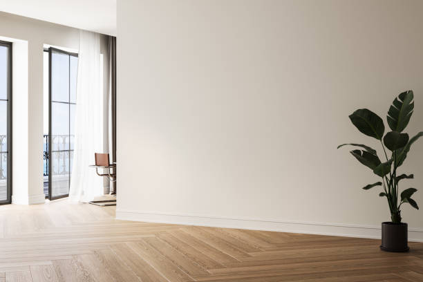istock Modern interior design of apartment, empty living room with white wall, panorama. 3d Rendering 2167781115