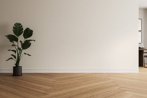 istock Modern interior design of apartment, empty living room with white wall, panorama. 3d Rendering 2167781119