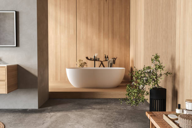istock A bathroom with a large mirror and two sinks. The mirror is surrounded by plants and a vase. The bathroom has a modern and clean look. 3D Rendering 2167781184