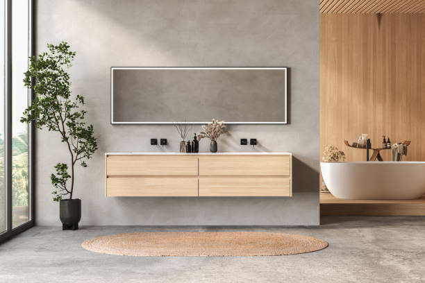 istock A bathroom with a large mirror and two sinks. The mirror is surrounded by plants and a vase. The bathroom has a modern and clean look. 3D Rendering 2167781187