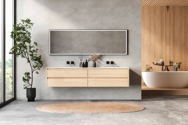 istock A bathroom with a large mirror and two sinks. The mirror is surrounded by plants and a vase. The bathroom has a modern and clean look. 3D Rendering 2167781193