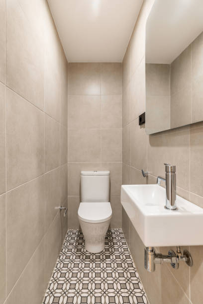 Narrow vanity area with toilet bowl washbasin and mirror Narrow vanity area with toilet bowl washbasin and mirror. Guest toilet room with minimalist design and limited quantity of furniture guest bathroom stock pictures, royalty-free photos & images