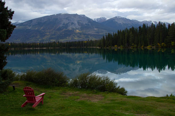 Lake Annette with trees and reflection. Jasper National Park, Alberta, Canada. Banff National Park.