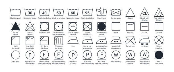 waschen und wäschepflege bearbeitbare strich umriss symbole isoliert auf weißem hintergrund flache vektorillustration gesetzt. pixelgenau. 64 x 64 cm - waschen stock-grafiken, -clipart, -cartoons und -symbole