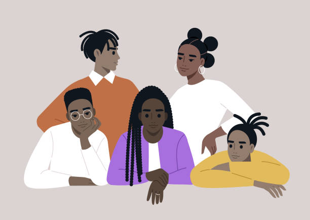 A vibrant group of African students sharing ideas and laughter during a study session at a modern campus in the afternoon A vibrant group of African students sharing ideas and laughter during a study session at a modern campus in the afternoon black people stock illustrations