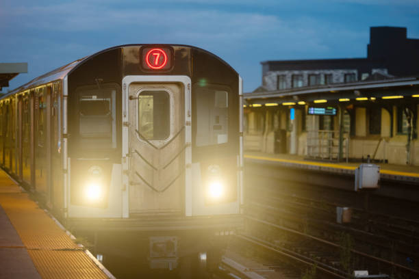 Subway Train on Elevated Tracks at Dusk in Queens NYC