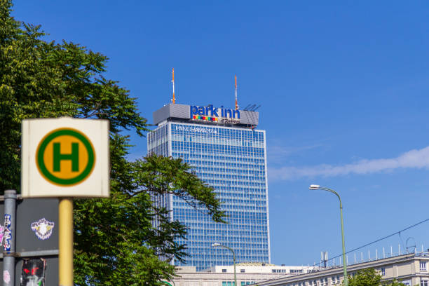 Berlin, Germany - June 2, 2019: The Radisson Park Inn hotel skyscraper at Alexanderplatz on summer day with blue sky