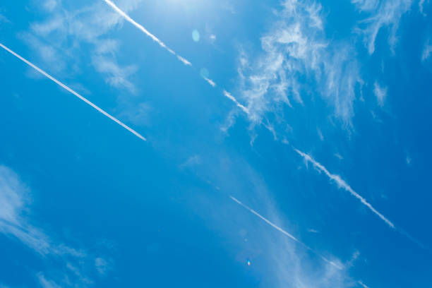 Blue sky and white clouds background，Water vapor trail, clouds, sky