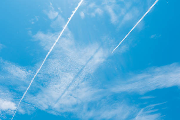 Blue sky and white clouds background，Water vapor trail, clouds, sky