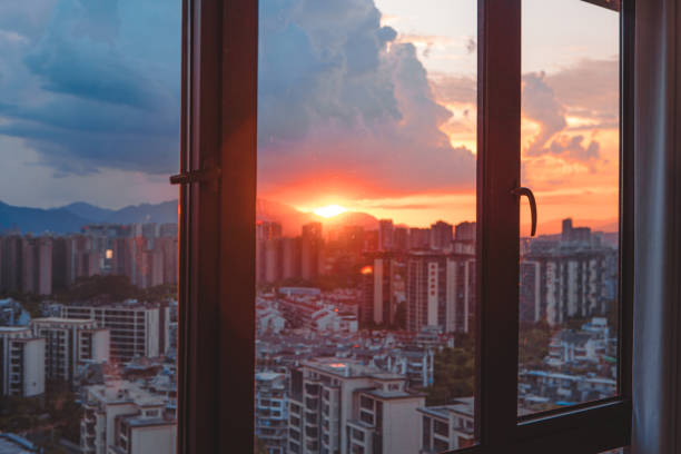 City scenery outside the window, sunset and sunset glow