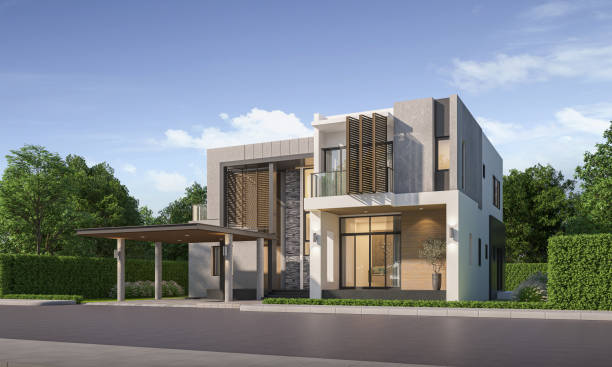 istock Modern house exterior day light with lawn grass.3d rendering 2167806382