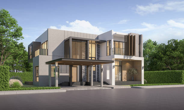 istock Modern house exterior day light with lawn grass.3d rendering 2167806383