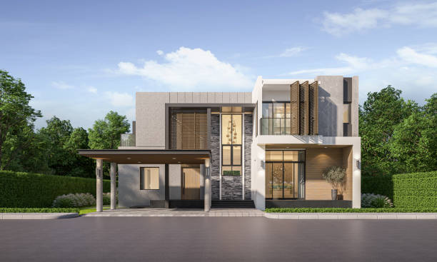 istock Modern house exterior day light with lawn grass.3d rendering 2167806384