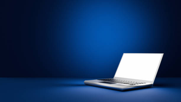 istock Open laptop with lighting screen on dark blue background. 3d render 2167806450