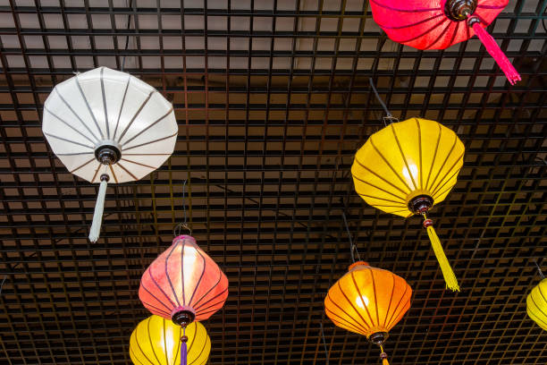 Traditional Vietnamese lanterns on the ceiling of a restaurant