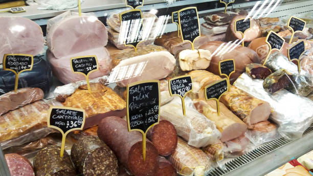 istock Pieces of smoked ham in the display 2167810871