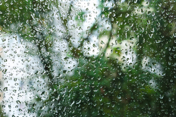 Raindrops on the glass on a cloudy day