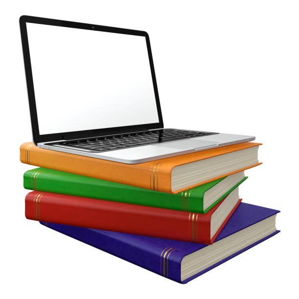 Stack of multi colored books with laptop on top. Electronic education concept.