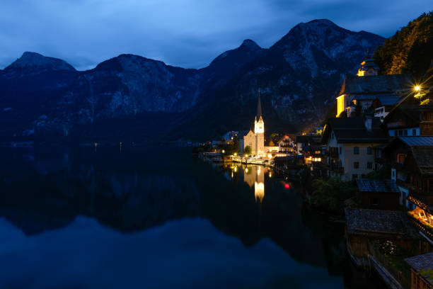 Hallstatt village on lake sunset blue hour Austria