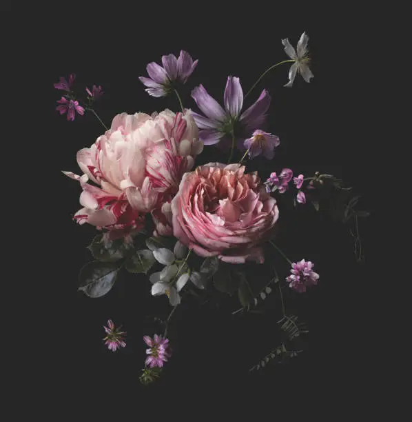 Stimmungsvoller Blumenstrauß aus Gartenblumen und Wildblumen isoliert vor dunklem Hintergrund Stimmungsvoller Blumenstrauß aus Gartenblumen und Wildblumen isoliert vor dunklem Hintergrund