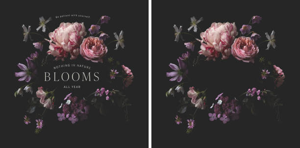 lush moody wreath or frame made of garden flowers and wildflowers against a black background, with quote on patience and blank as a inspirational quote on patience surrounded by lush flowers (peony, rose, hydrangea) against a dark background and blank / empty floral frame or wreath as a design element with copy space for your own text jasmine flower bouquet stock pictures, royalty-free photos & images