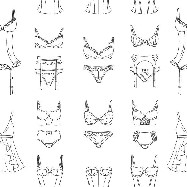 Female lingerie collection, vector seamless pattern line background. Fashionable female lingerie collection, vector seamless pattern line background. Feminine lace underwear sets, panties, bras, corsets, bodies, garter belts, and nightwear drawing of a women wearing garter belts stock illustrations