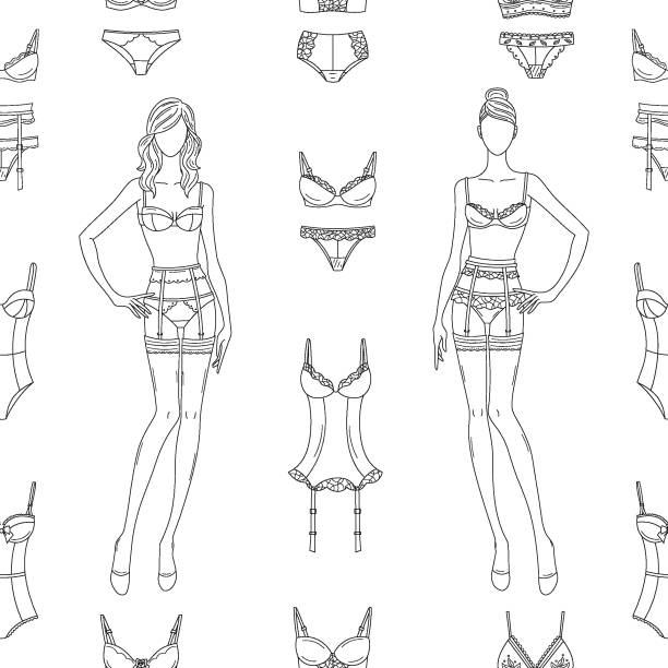 Female lingerie collection, vector seamless pattern line background. Fashionable female lingerie collection, vector seamless pattern line background. Feminine lace underwear sets, panties, bras, corsets, bodies, garter belts, and nightwear drawing of a women wearing garter belts stock illustrations