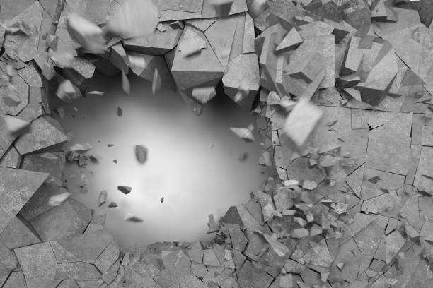 istock Round hole in concrete wall on left side of frame. Concrete background explosion. Lots of flying and falling concrete. Cracks on cement wall. Concrete background. 3d render. 2167817135