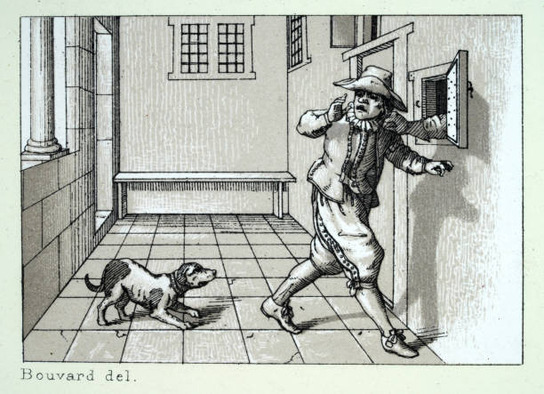 Guard dog barking at stranger,  security hatch by the door, Dutch first half 17th Century, vintage illustration