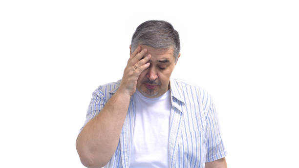 Tired man. Image isolated on white background.