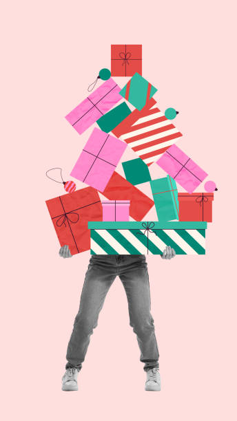 Person carrying multicolored wrapped present boxes, preparing for upcoming holiday celebration. Contemporary art collage.