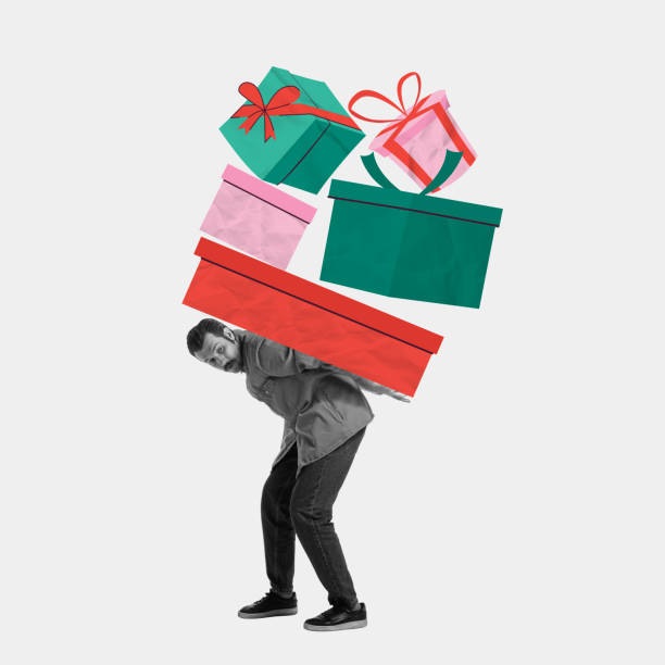 istock Man carrying giant stack of multicolored wrapped present boxes. Happy holidays. Contemporary art collage. 2167825482