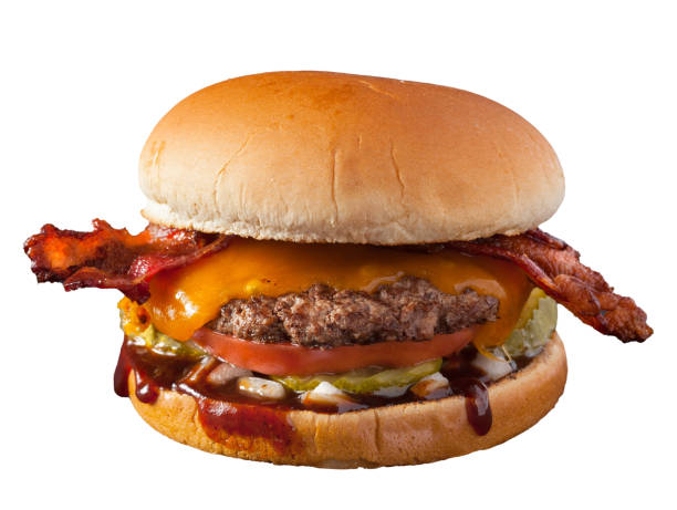 istock Bacon cheeseburger with tomato, pickle with barbecue sauce 2167832450