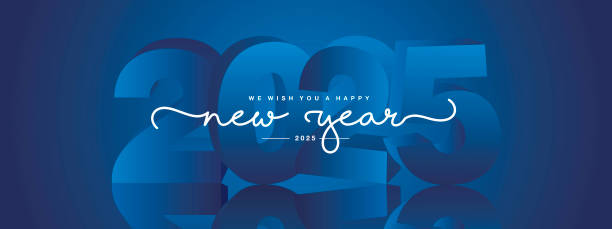 wir wünschen ihnen ein frohes neues jahr 2025, modernes design, weiße neue aktualisierte handgeschriebene schrift mit blauem 2025 jahr verspiegeltem schatten im hintergrund und wunderkerzenfeuerwerk - silvester stock-grafiken, -clipart, -cartoons und -symbole