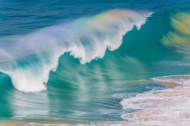 Sea water rainbows in the waves at Whale Beach in the Northern Beaches region of Sydney, NSW, Australia.