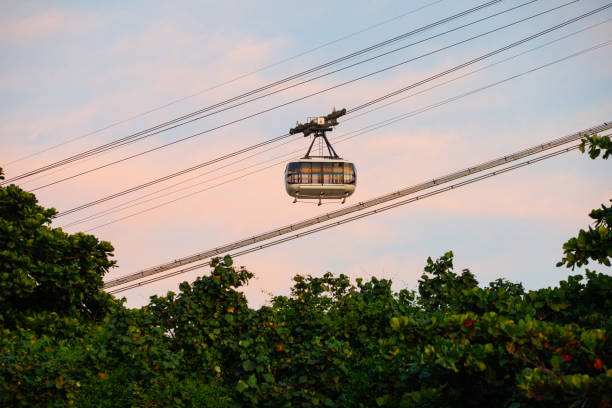 Sugarloaf cable car in Rio de Janeiro, Brazil - April 23, 2024: Sugarloaf cable car seen from Red Beach in the Urca neighborhood in Rio de Janeiro.
