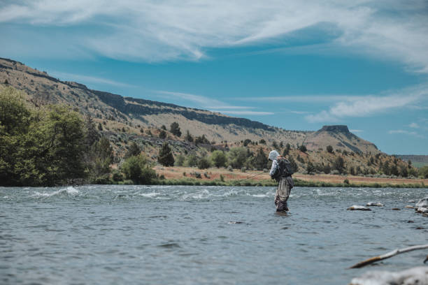 istock Adventurous man wades into river while fishing 2167840734