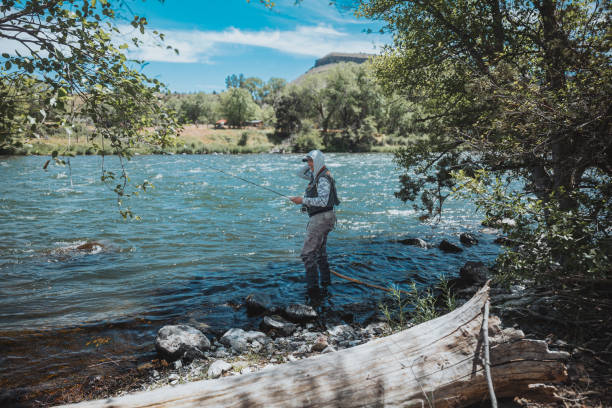 istock Man stands in the shallow river while fly fishing 2167840758