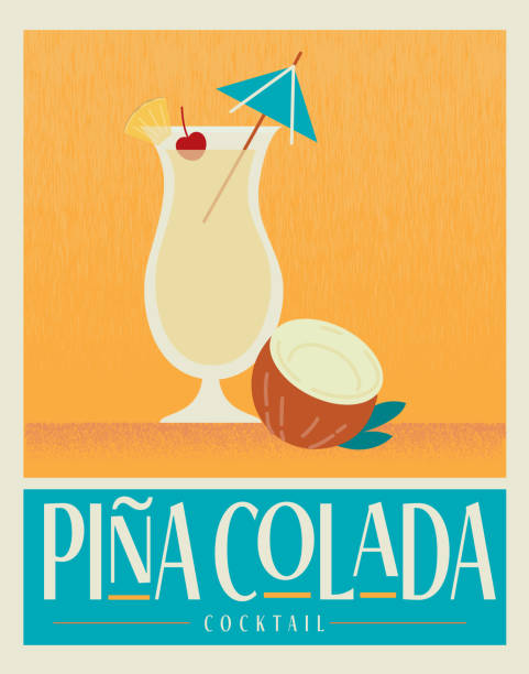 istock Retro Pina Colada with umbrella garnish and coconut half Drink Cocktail poster design template with typography 2167841631