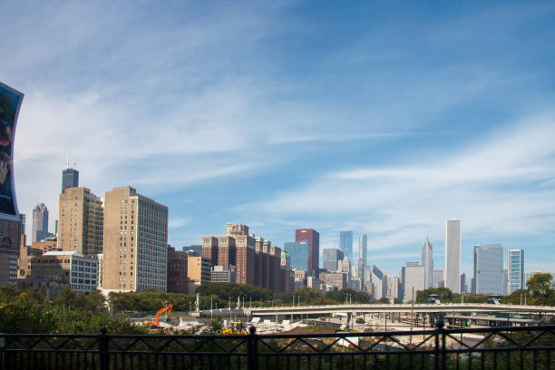 A beautiful view of Chicago's skyline under a clear blue sky in the USA