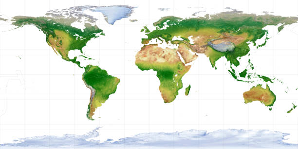 istock World map with Equator, Tropic, Polar Circle, International Date Line, 30° Longitude and latitude, satellite map 2167856808