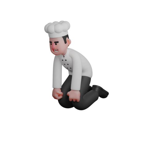 3D Illustration of a Culinary Expert. A chef is kneeling on the ground with both hands clenched in front, showing a serious and determined expression. Male Chef